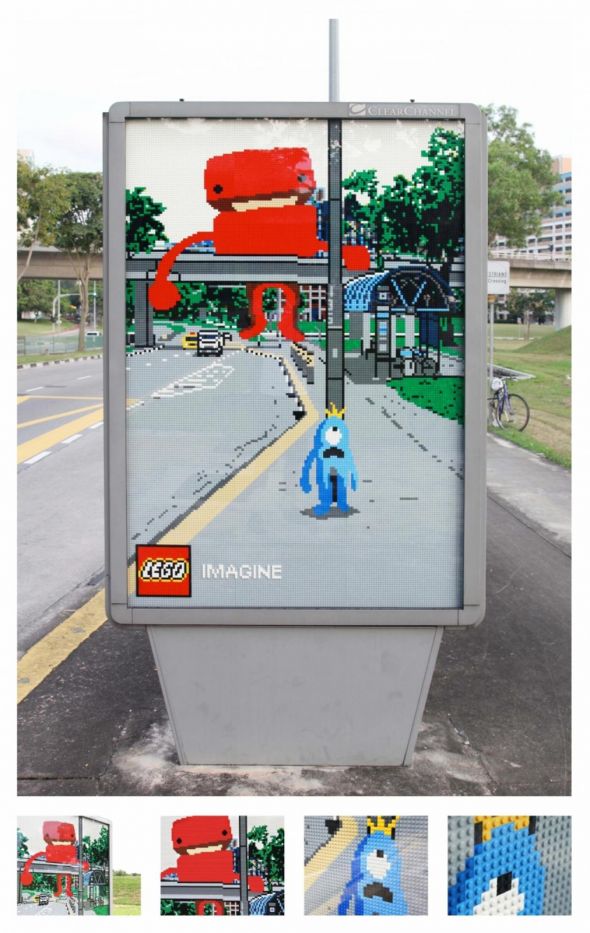 実物の背景とレゴで作られた看板がマッチしてます。コピーは「レゴで想像してみてください」、クールですね。